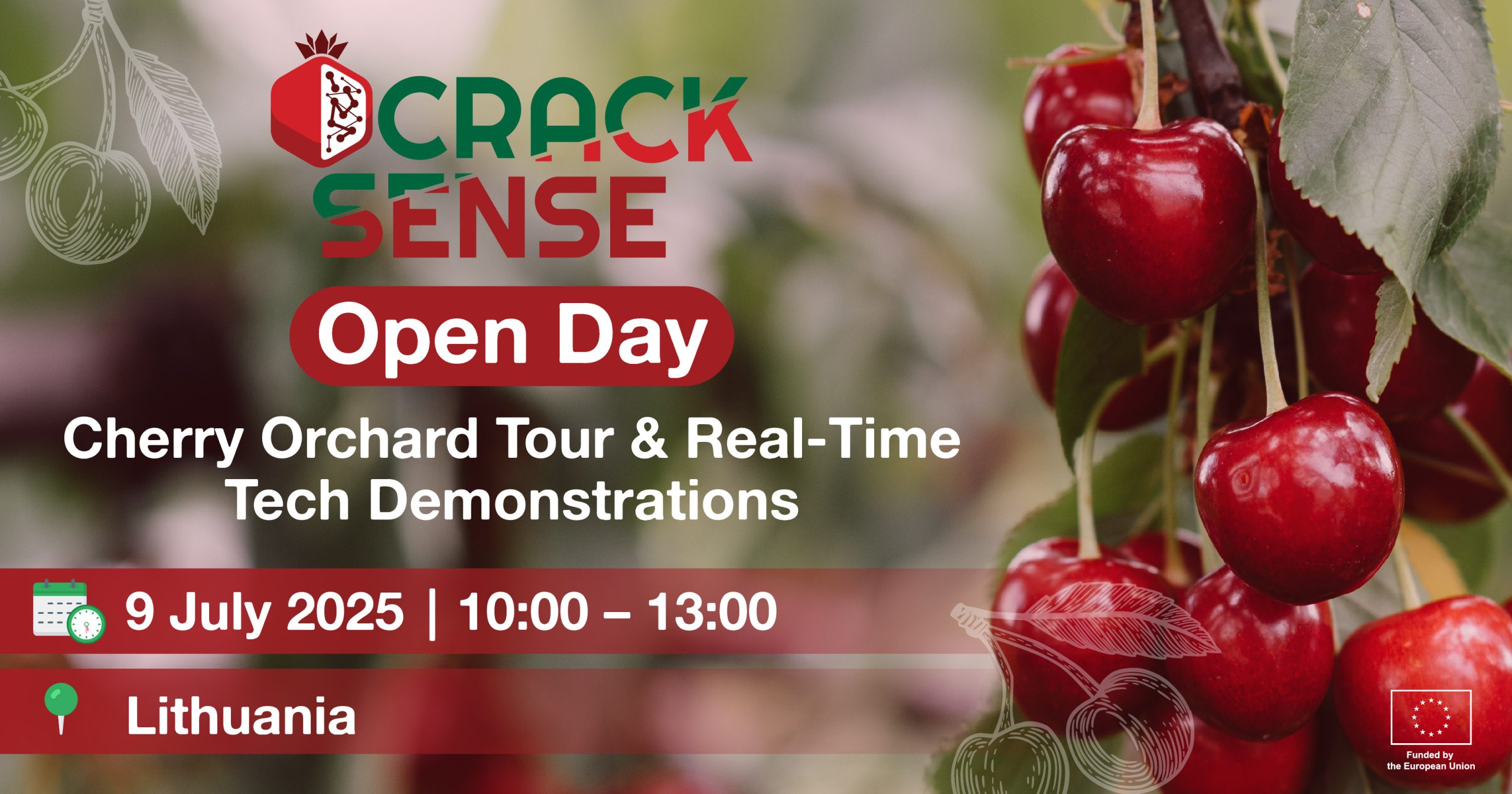 Main visual for the CrackSense Open Day at the cherry orchard.